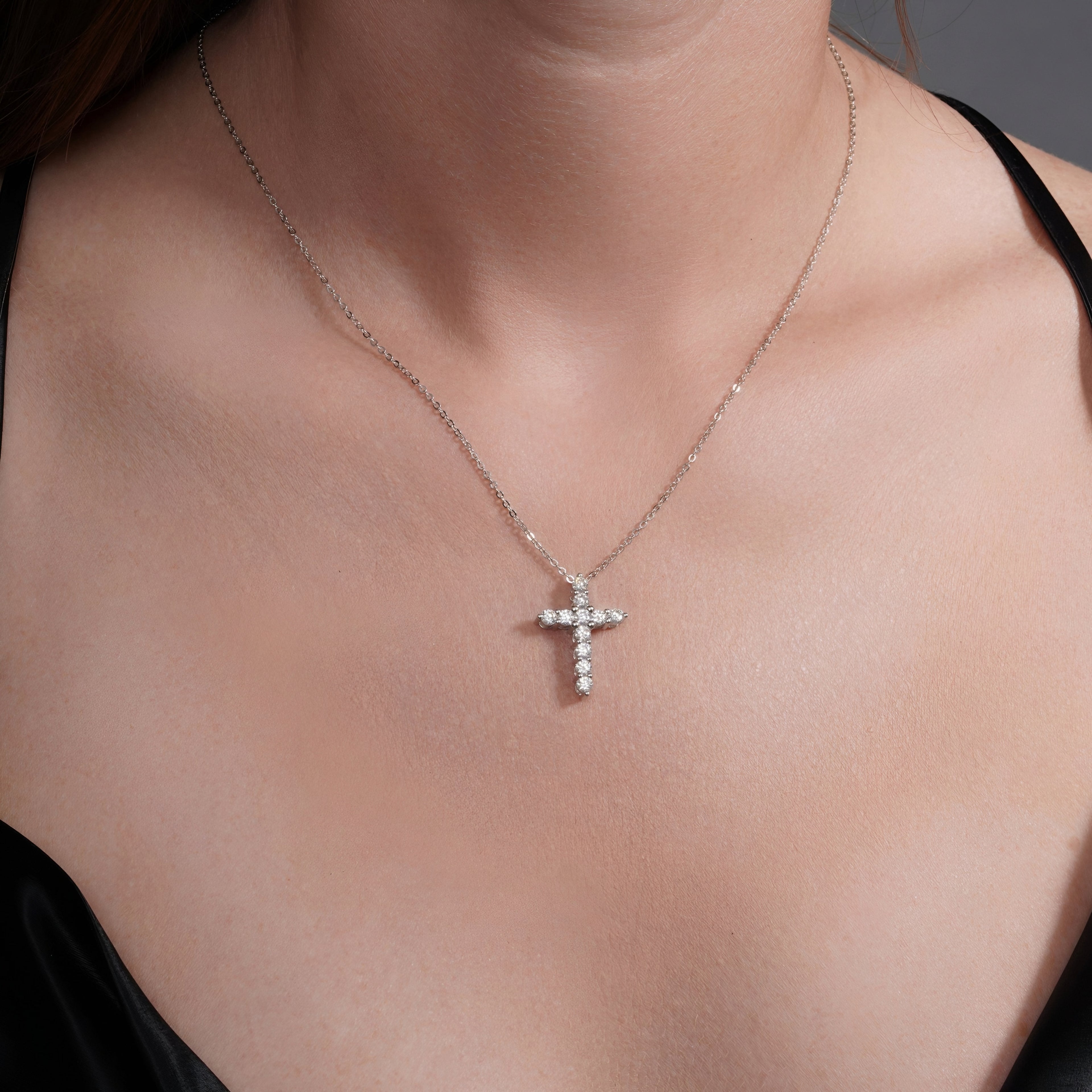 Rhodium 925 Silver Moissanite Studded Cross Necklace