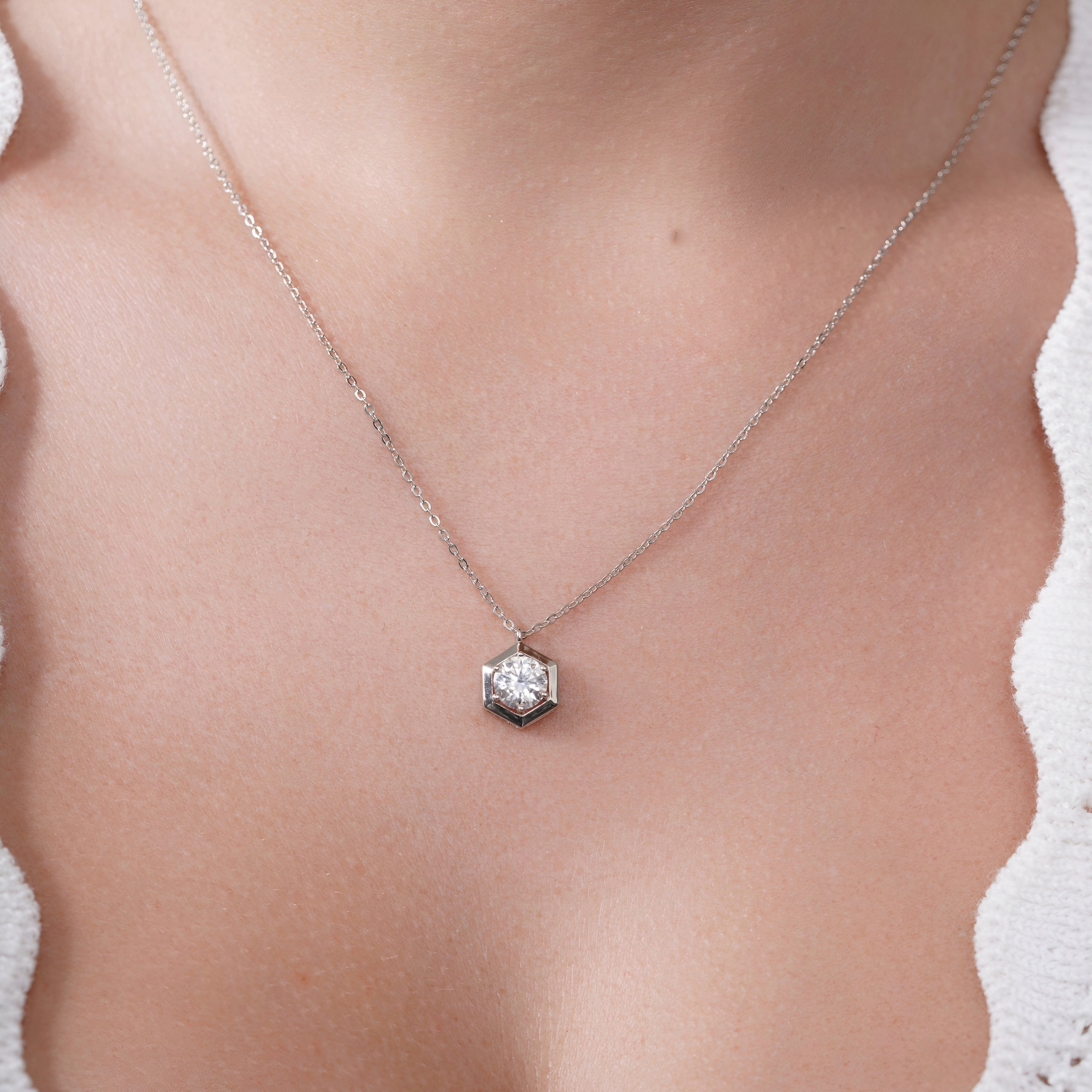 Rhodium 925 Silver Moissanite Hexagon Frame Necklace