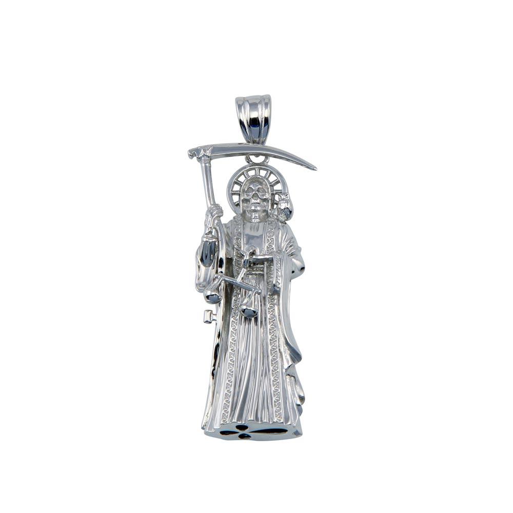 Rhodium-Plated 925 Sterling Silver Santa Muerte Pendant