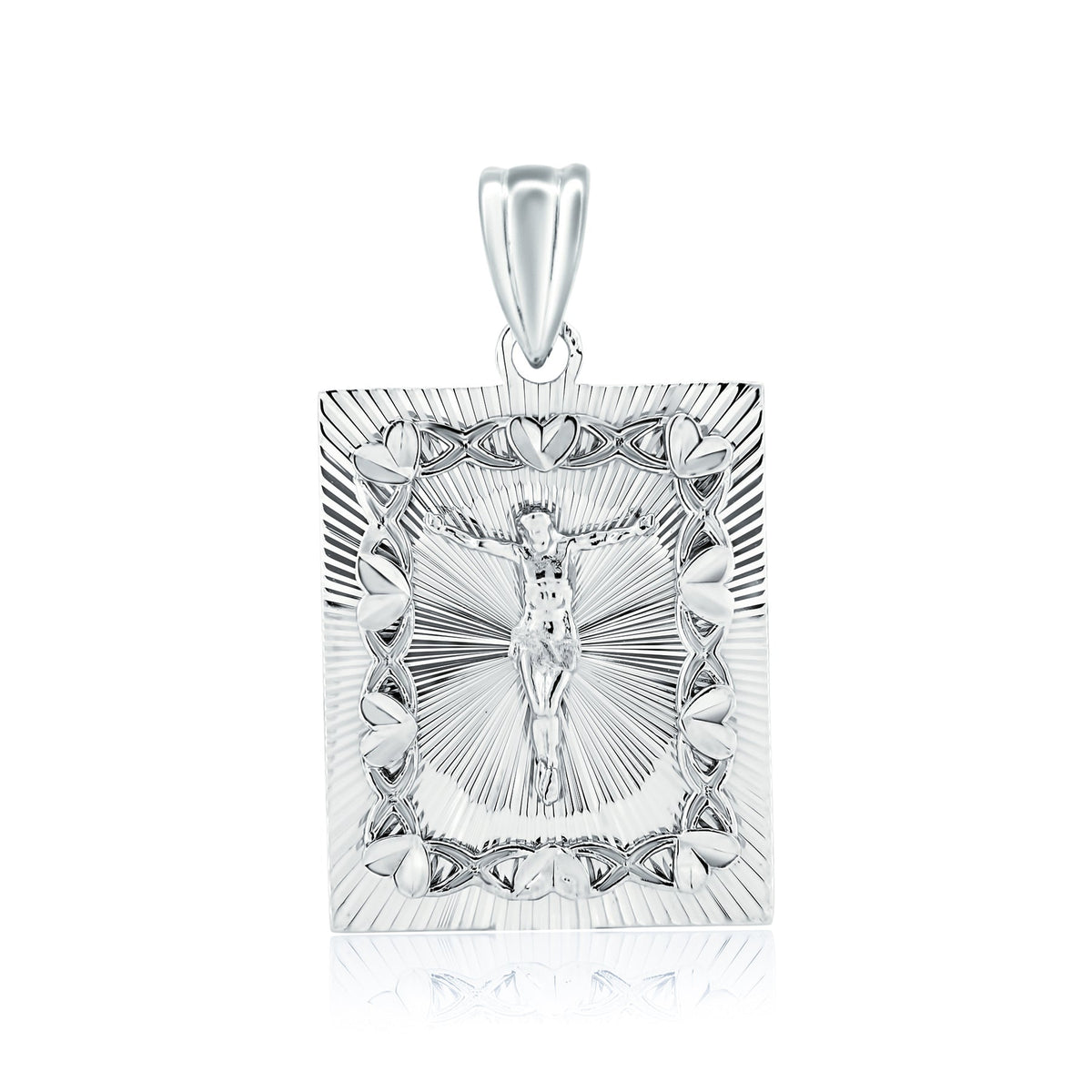Rhodium-Plated 925 Sterling Silver Diamond Cut Square Crucifix Pendant