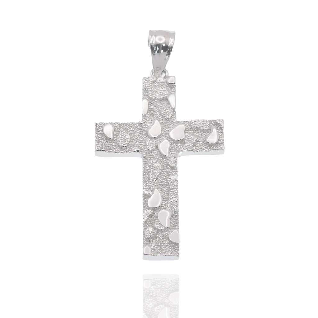 Rhodium-Plated 925 Sterling Silver Nugget Cross Pendant