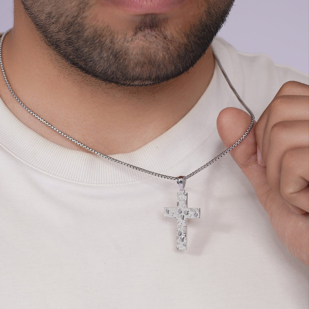 Rhodium-Plated 925 Sterling Silver Nugget Cross Pendant