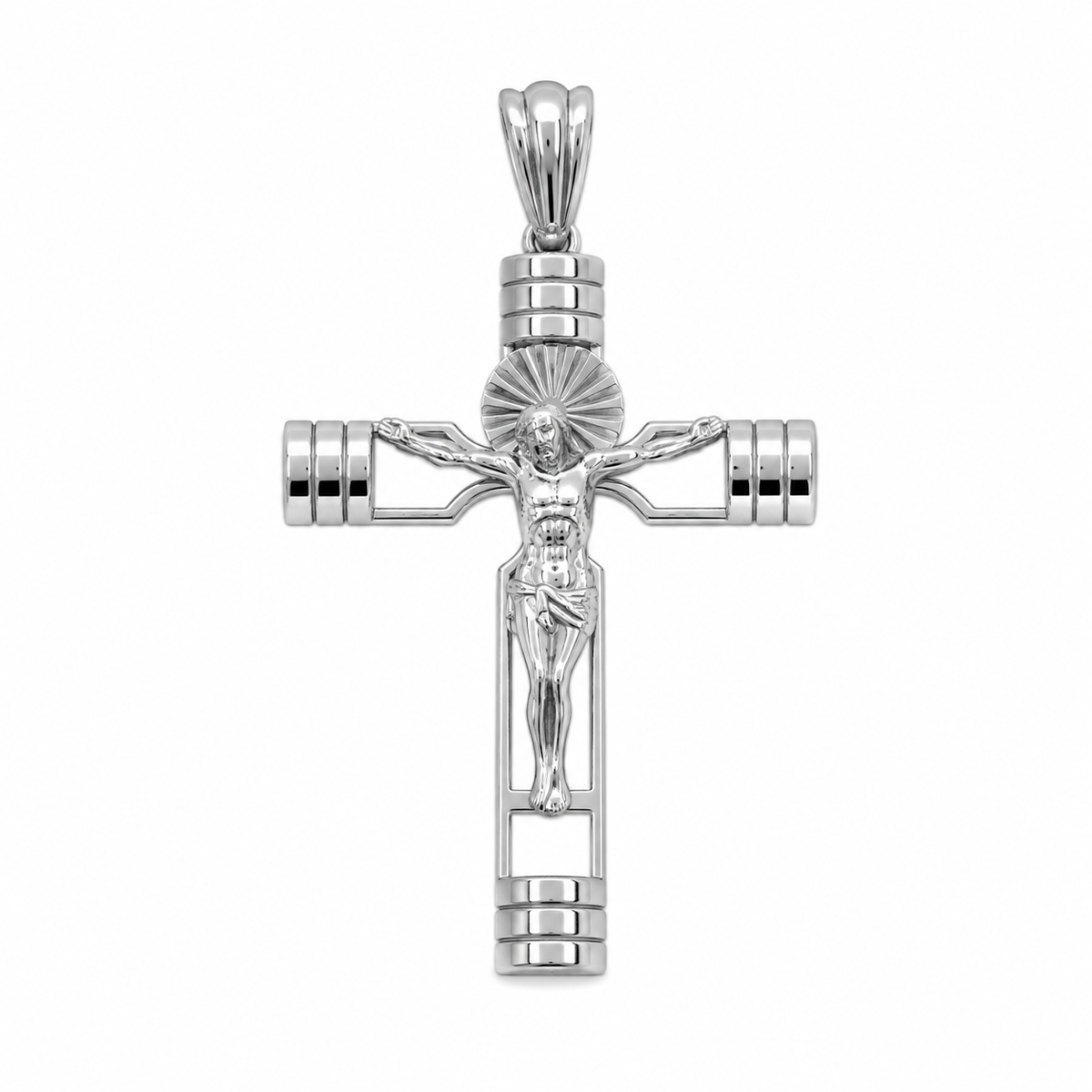 Rhodium-Plated 925 Sterling Silver Sunburst Crucifix Cross Pendant
