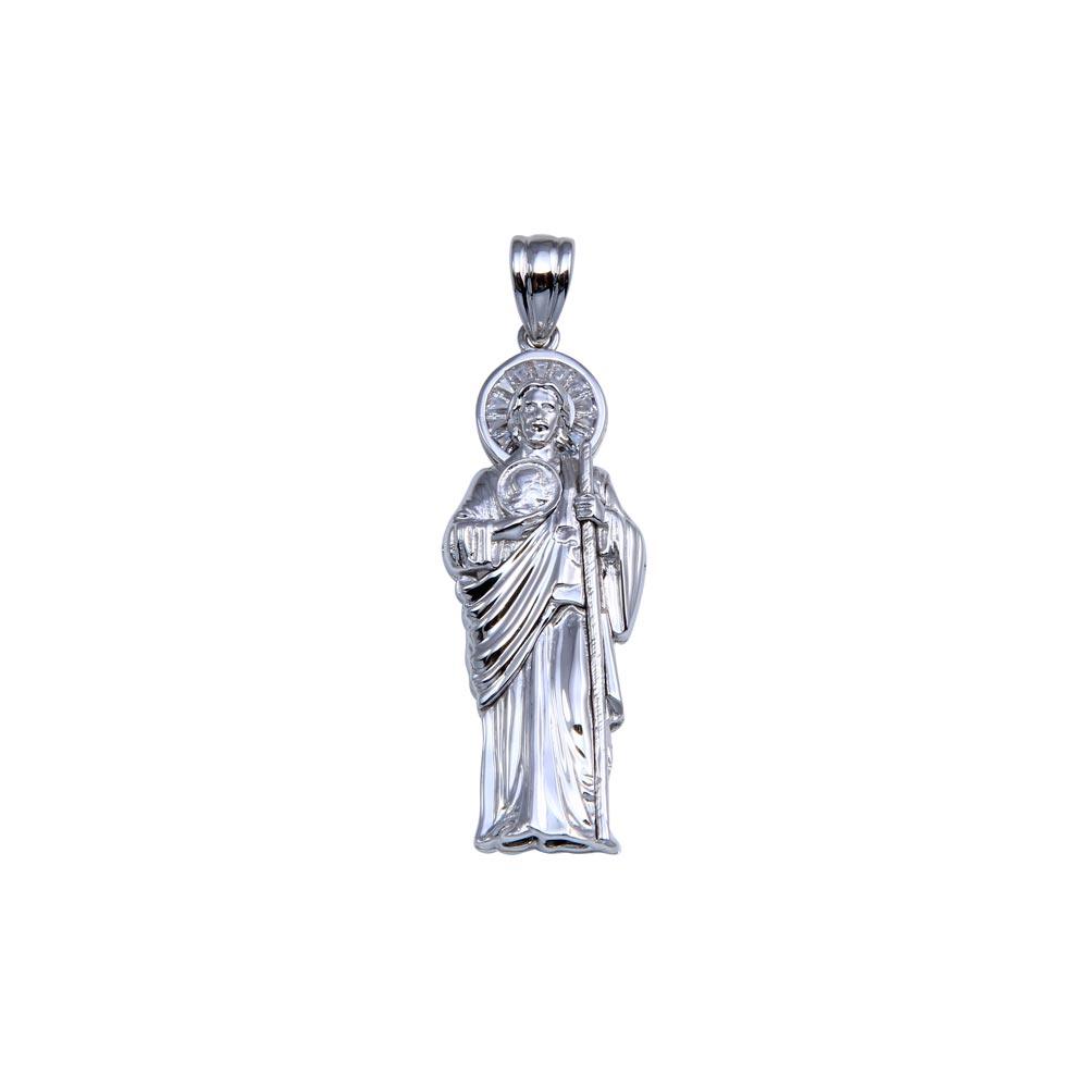 Rhodium-Plated 925 Sterling Silver CZ St. Jude Pendant – 42mm