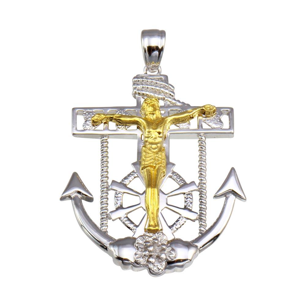 925 Sterling Silver Two-Tone Mariner Anchor Cross Pendant