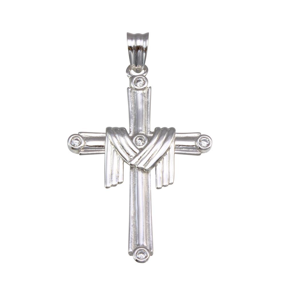 Rhodium-Plated 925 Sterling Silver Cloth Cross CZ Pendant