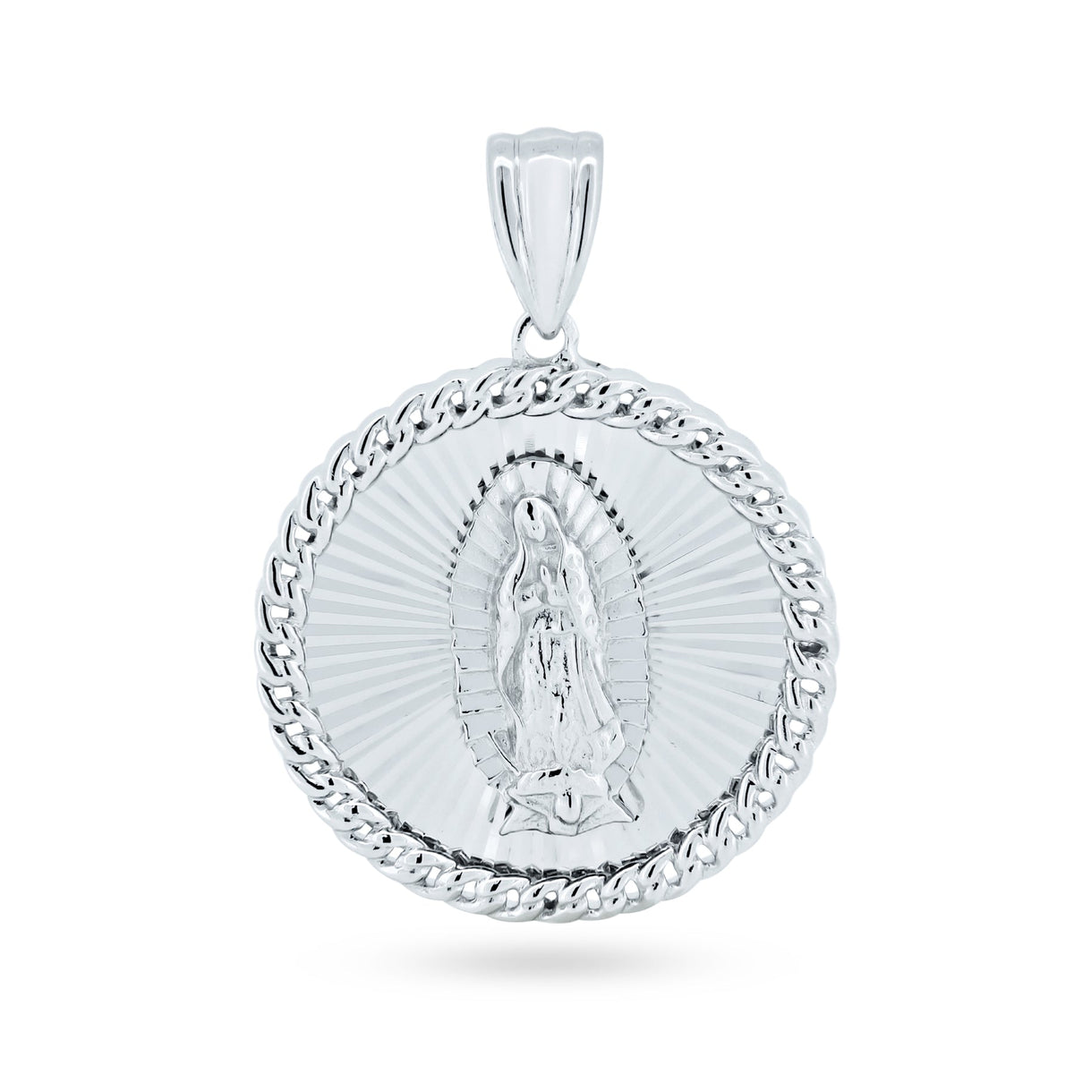 Rhodium-Plated 925 Sterling Silver Our Lady of Guadalupe Medallion Pendant – 24.2mm
