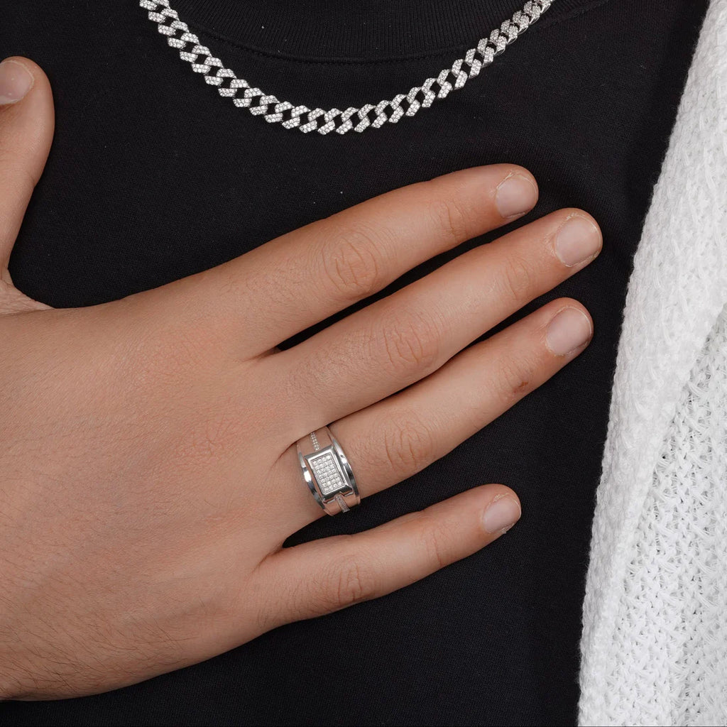 Rhodium 925 Silver Men's Moissanite Rectangle Top Pavé Ring