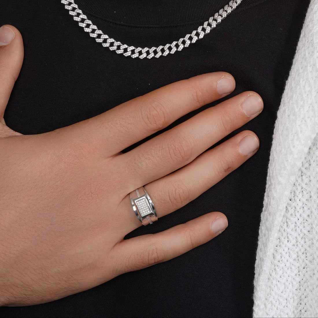 Rhodium 925 Silver Men's Moissanite Rectangle Top Pavé Ring