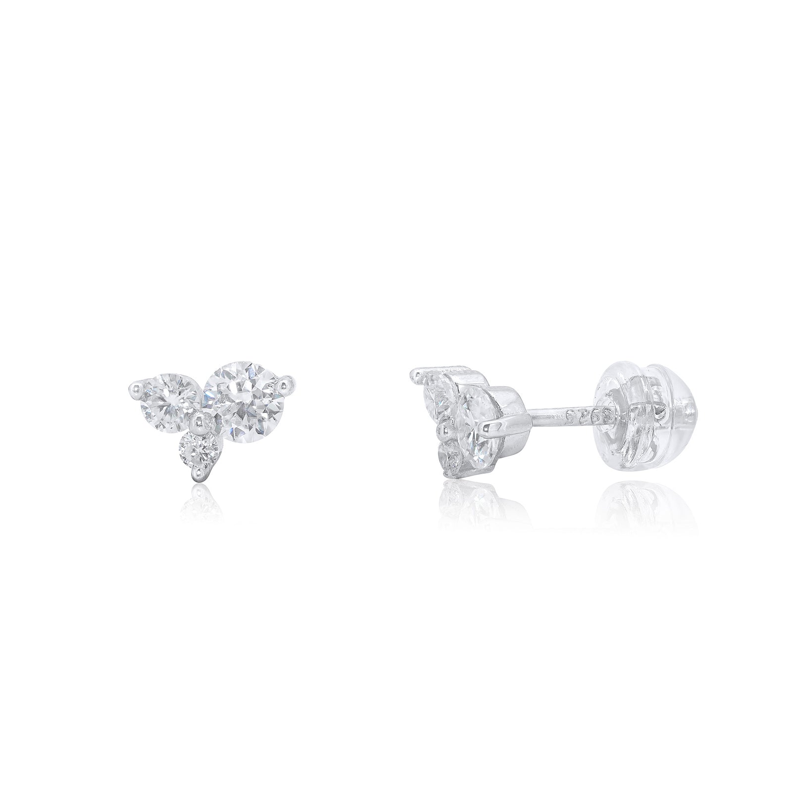 Rhodium 925 Silver Triple Stone Cluster Moissanite Stud Earrings