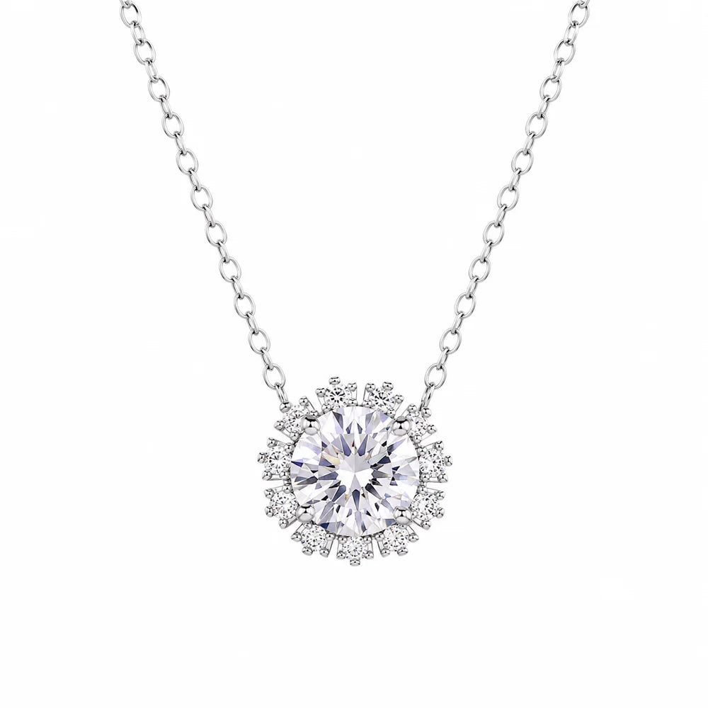 Rhodium 925 Silver 6.5MM Sparkling Halo Moissanite Adjustable Pendant Necklace