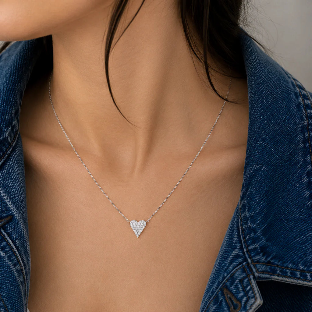 Rhodium 925 Silver Moissanite 8.5MM Pave Heart Adjustable Pendant Necklace