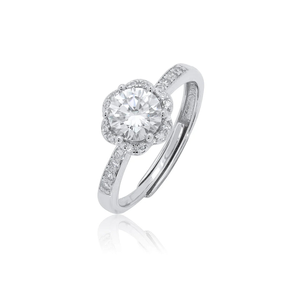 Rhodium 925 Silver Moissanite Floral Halo 9.2MM Engagement Ring