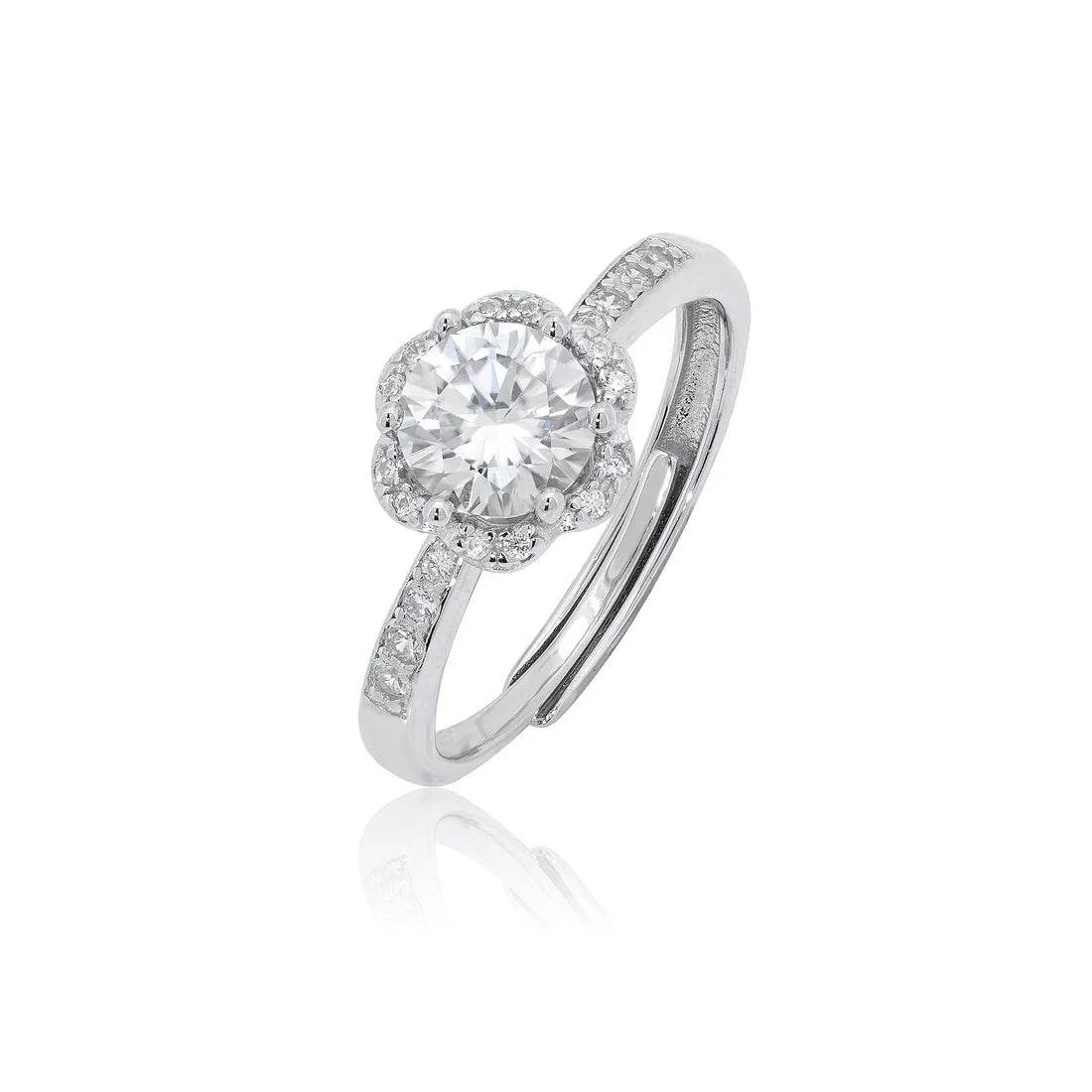 Rhodium 925 Silver Moissanite Floral Halo 9.2MM Engagement Ring