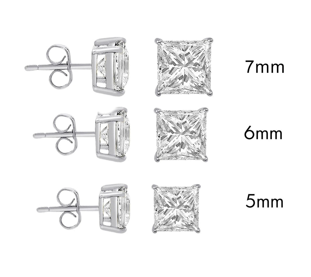 Rhodium 925 Silver Moissanite Princess Cut Push Back Earrings