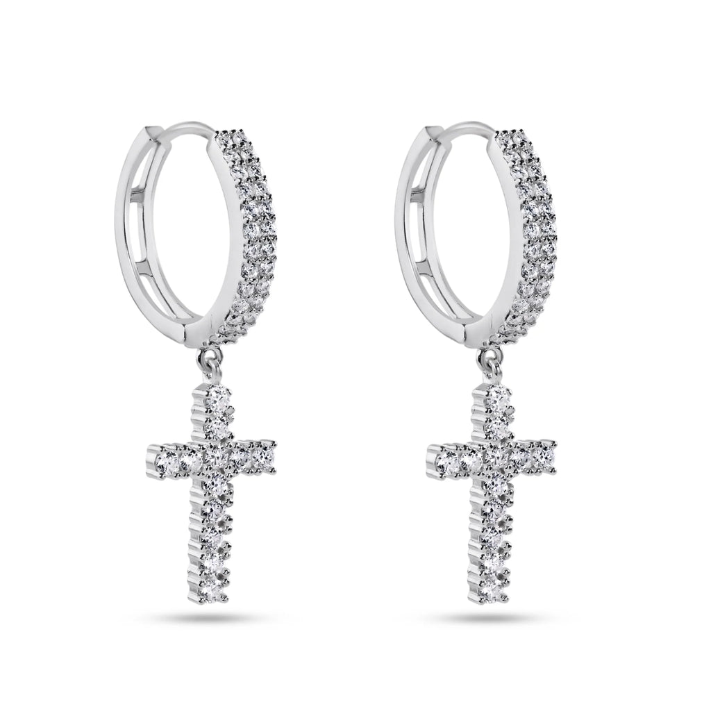 Rhodium 925 Silver Moissanite Cross Hoop Earrings