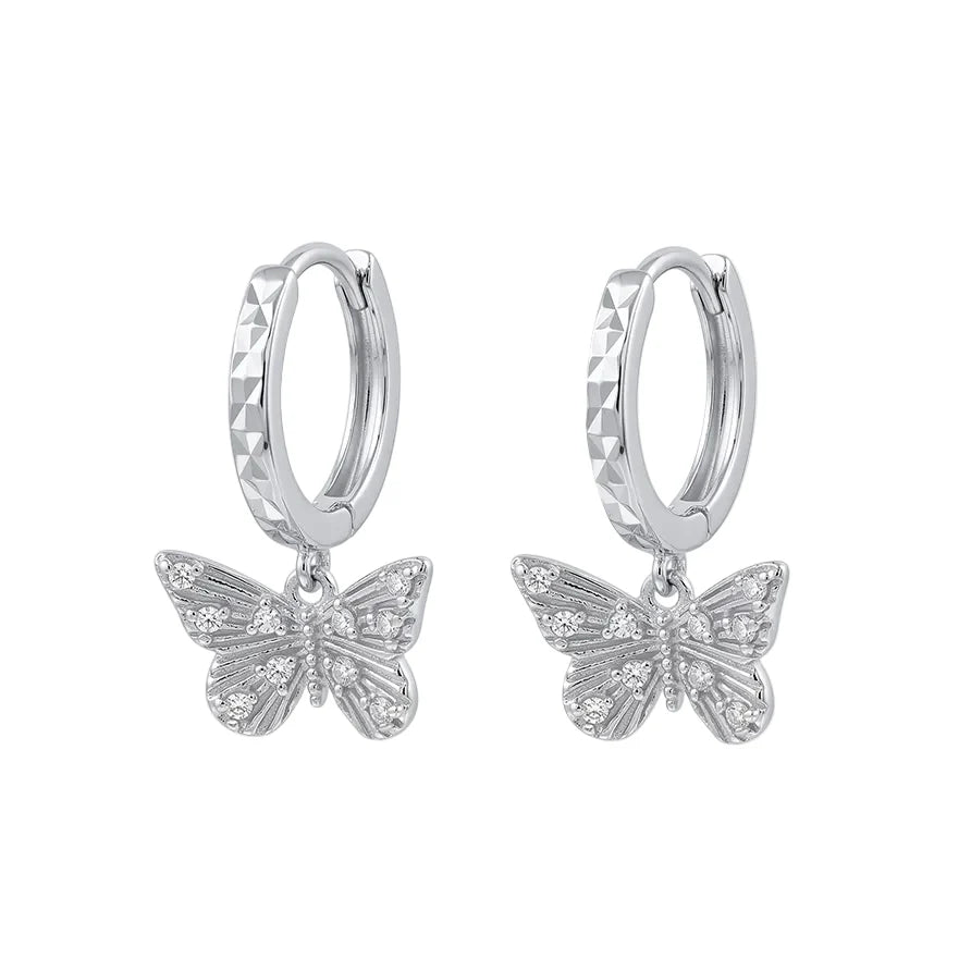 Rhodium 925 Silver Moissanite Diamond Cut Butterfly Hoop Earrings