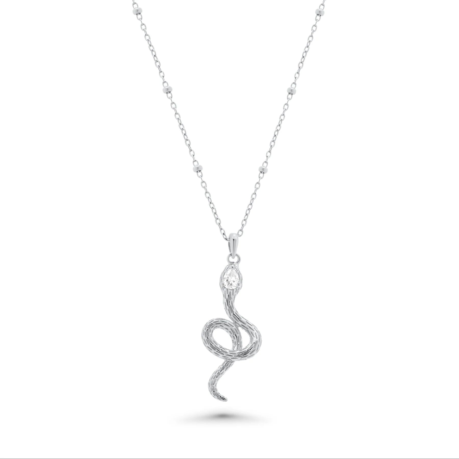 Rhodium 925 Silver Moissanite Snake W/Bead Pendant Necklace