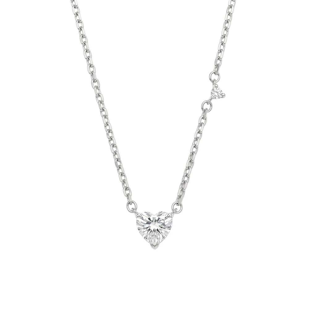 Rhodium 925 Silver Moissanite Heart with Side Stone Accent Necklace