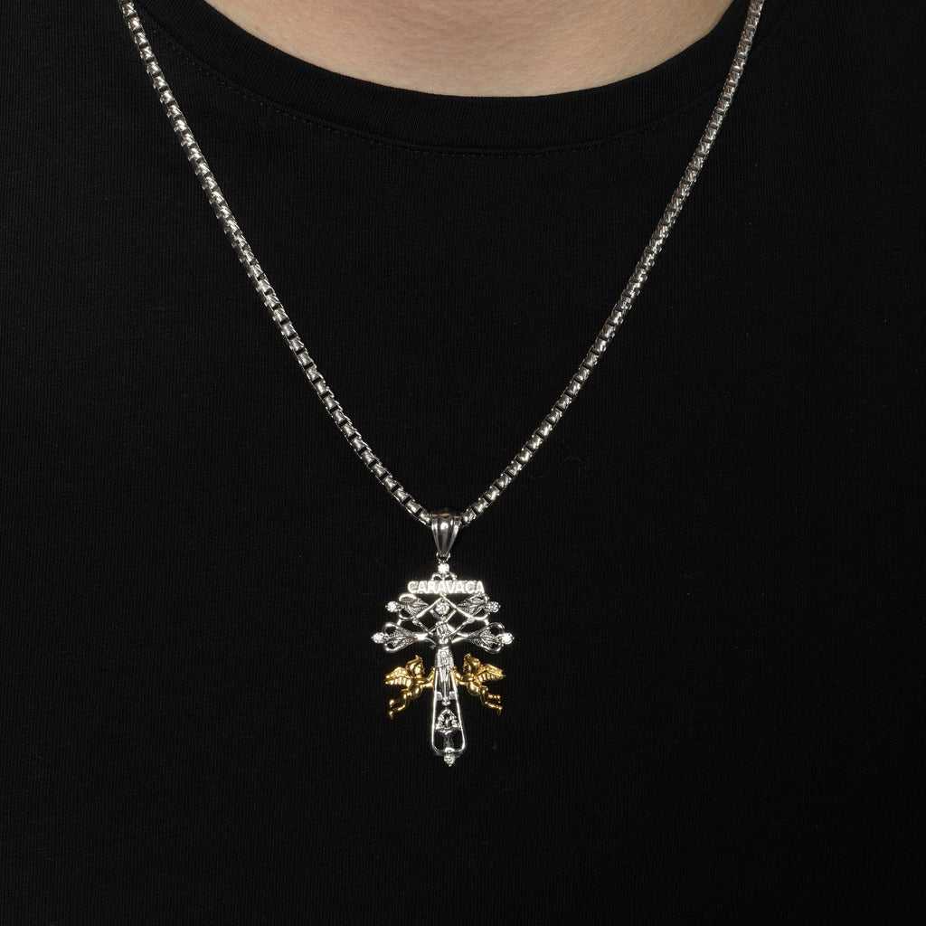 Two-Tone 925 Silver Moissanite Crucifix Jesus Caravaca Cross Pendant