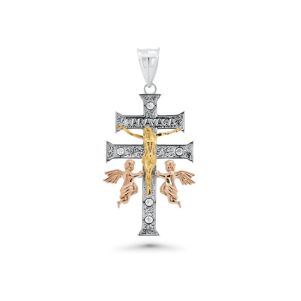 Three-Tone 925 Silver Moissanite Crucifix Cherubs Caravaca Pendant