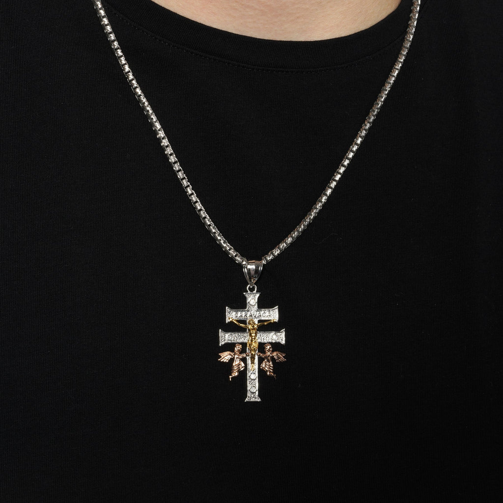 Three-Tone 925 Silver Moissanite Crucifix Cherubs Caravaca Pendant