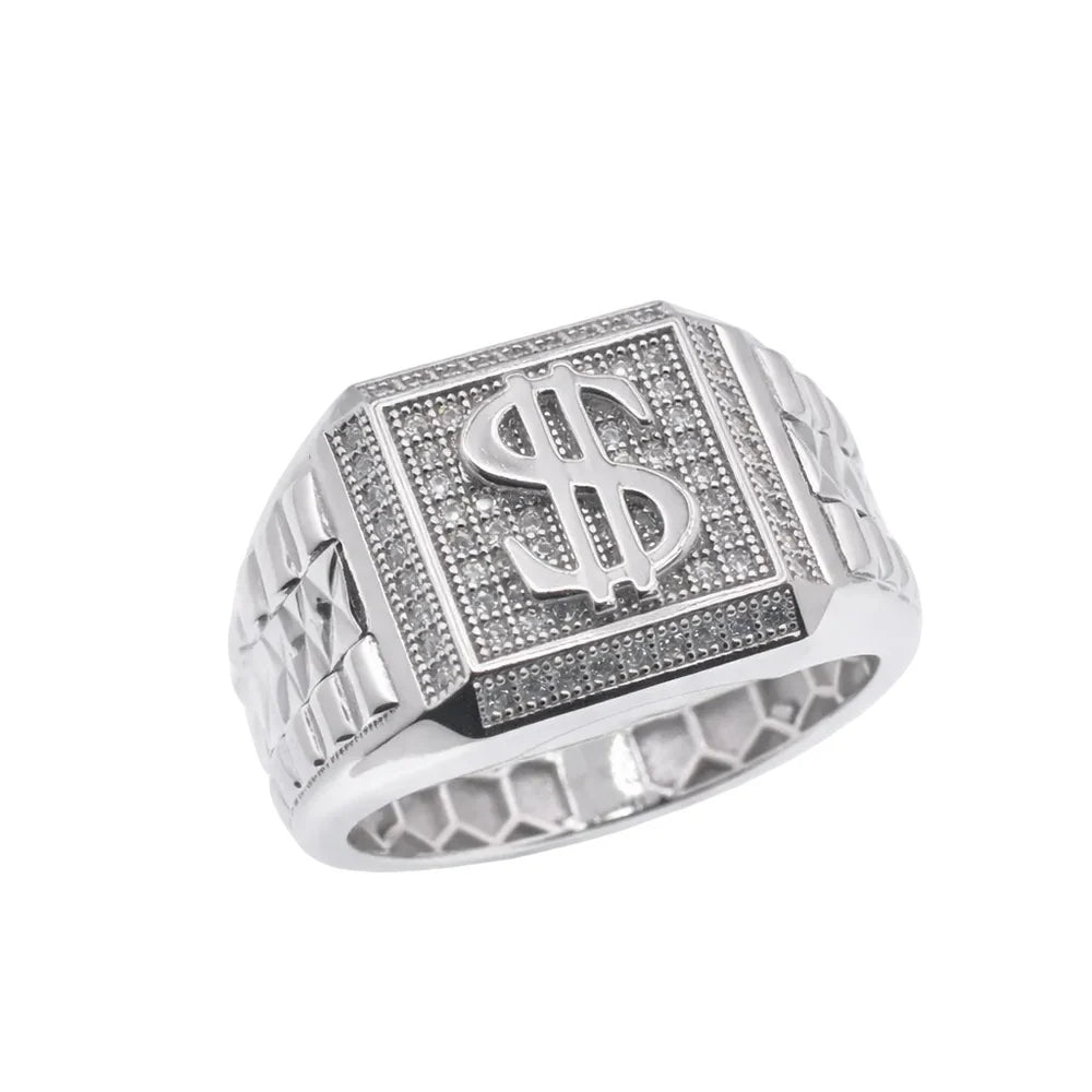 Rhodium 925 Silver Moissanite Men's Iced Dollar Sign Ring