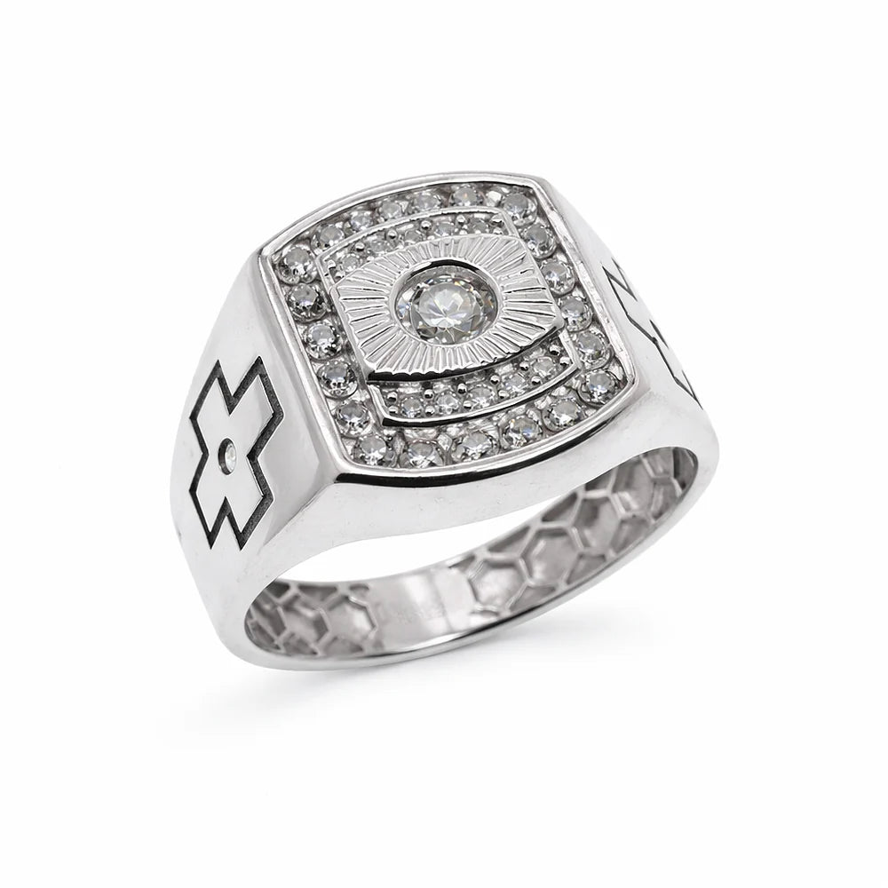 Rhodium 925 Silver Moissanite Square Halo Men's Ring