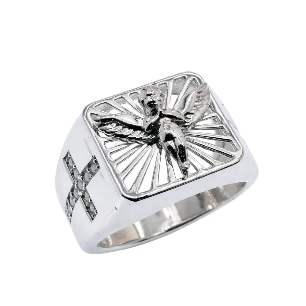Rhodium 925 Silver Men's Moissanite Angel Signet Cross Ring