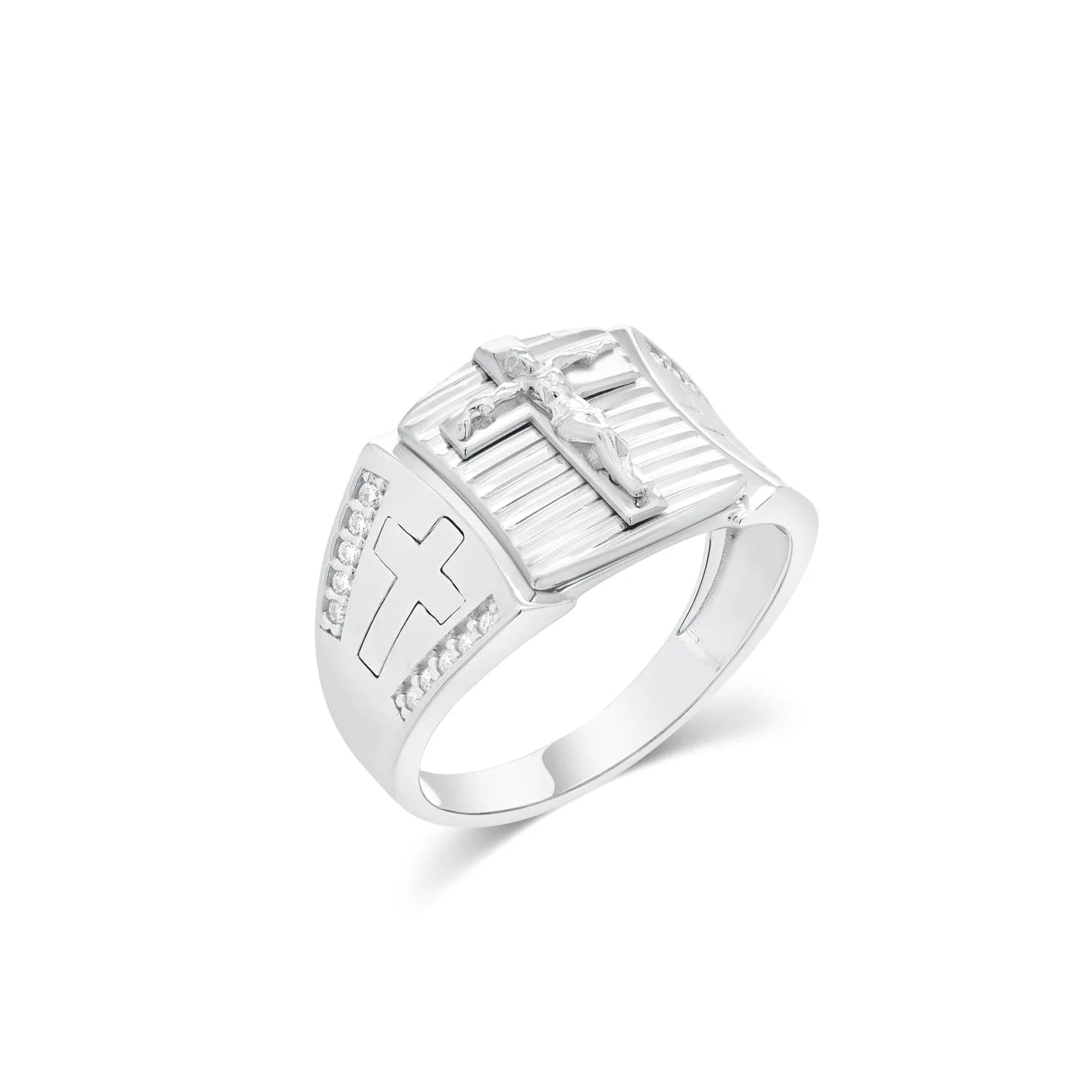 Rhodium 925 Silver Men's Moissanite Crucifix Accent Ring