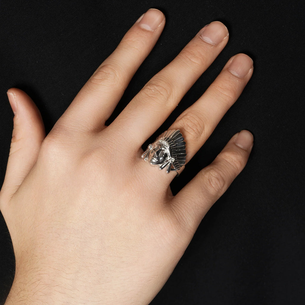 Rhodium 925 Silver Men's Moissanite Indian Chief Head Ring