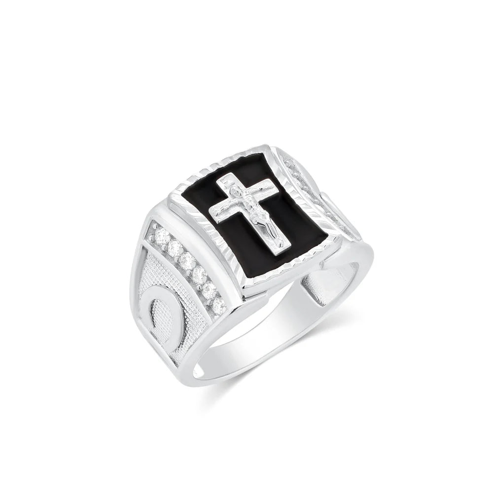 Rhodium 925 Silver Men's Moissanite Onyx Crucifix Ring