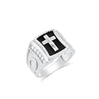 Rhodium 925 Silver Men's Moissanite Onyx Crucifix Ring