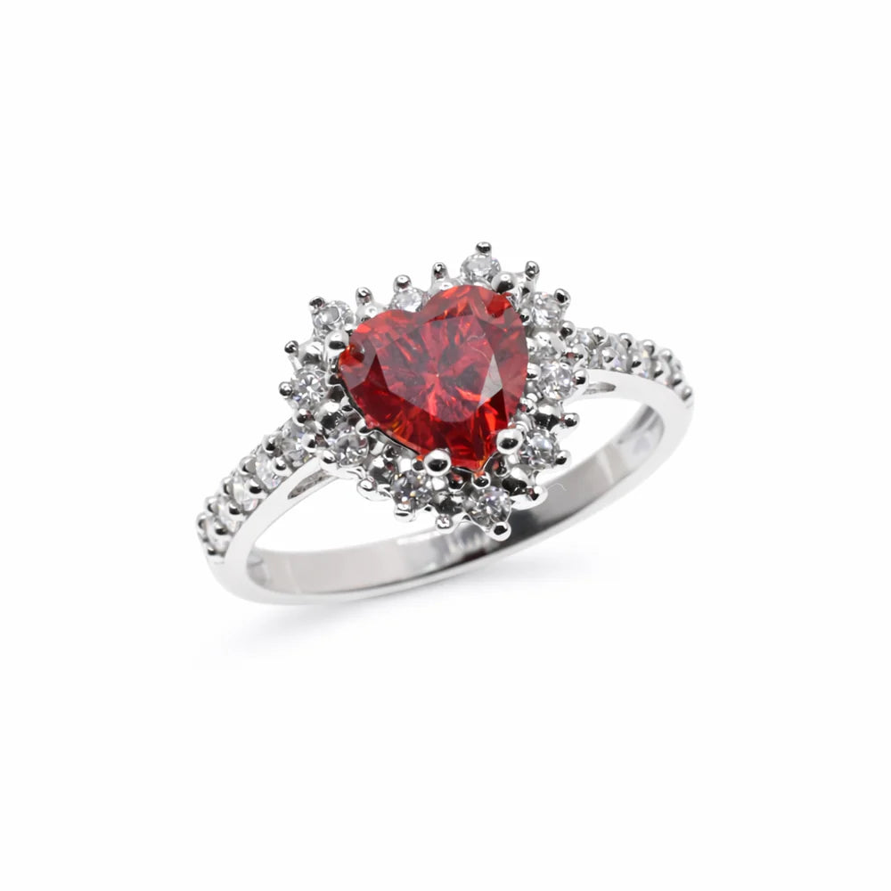 Rhodium 925 Silver Moissanite w Red Heart Pavé Ring