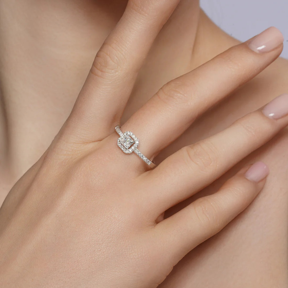 Rhodium 925 Silver Moissanite Halo Setting Pave Ring