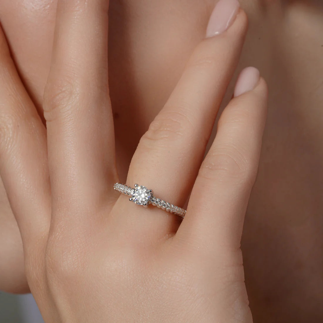 Rhodium 925 Silver Moissanite Solitaire Pave Ring