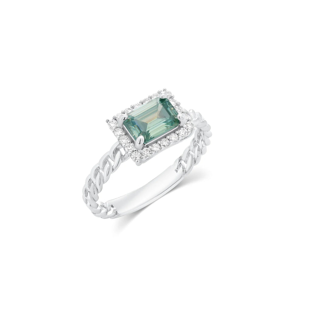 Rhodium 925 Silver Moissanite Emerald Halo Setting Braided Ring