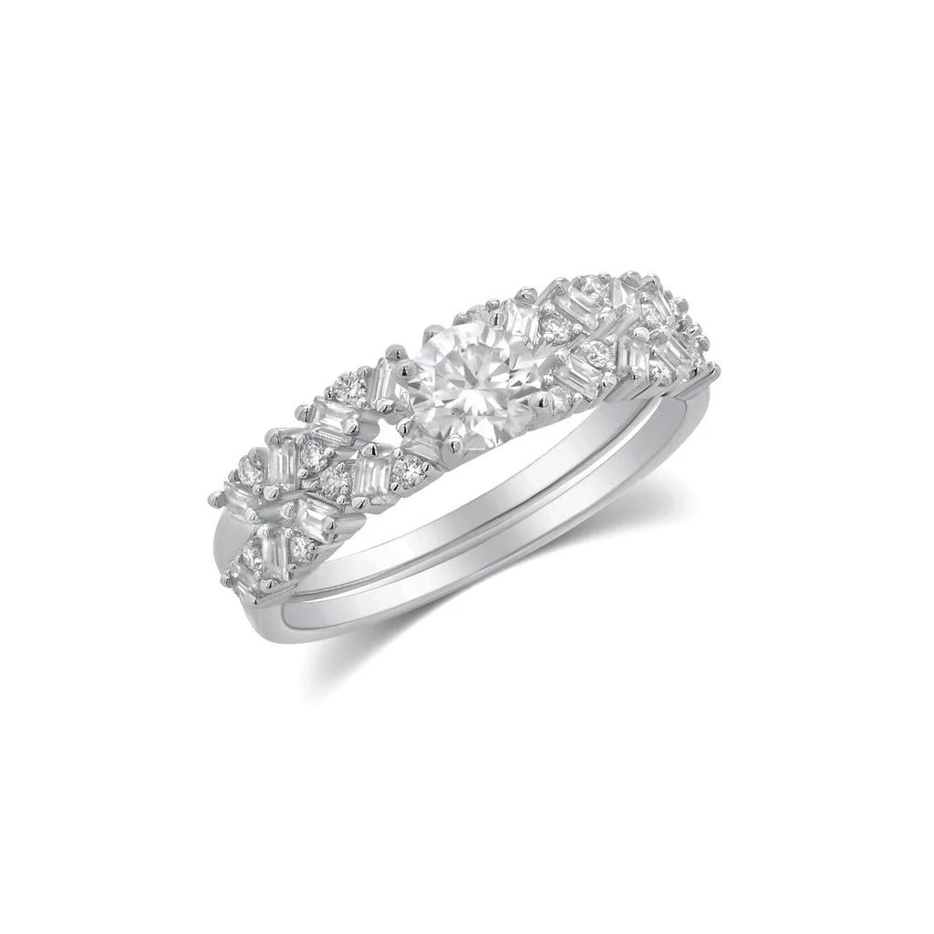 Rhodium 925 Silver Moissanite Round Solitaire Center Double Band Ring