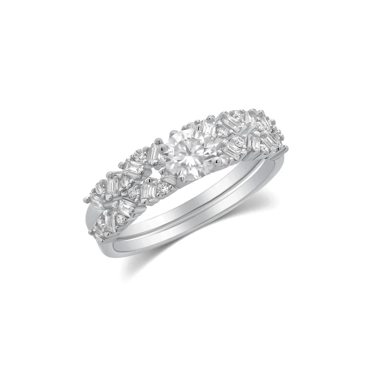 Rhodium 925 Silver Moissanite Round Solitaire Center Double Band Ring