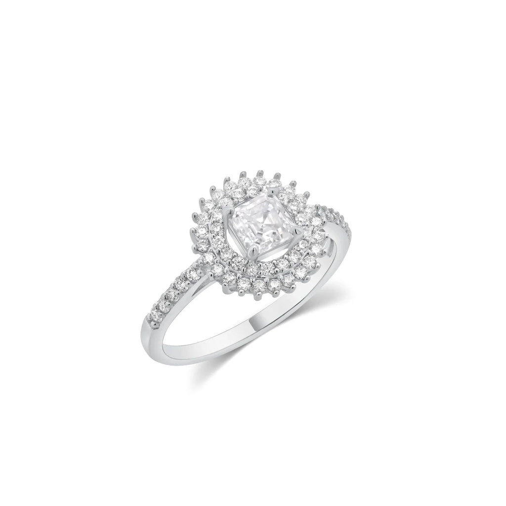 Rhodium 925 Silver Moissanite Square Halo Double Pave Ring