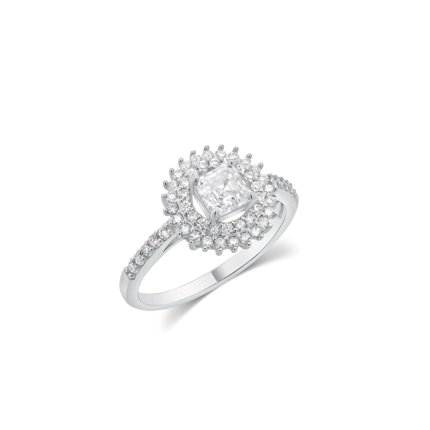 Rhodium 925 Silver Moissanite Square Halo Double Pave Ring