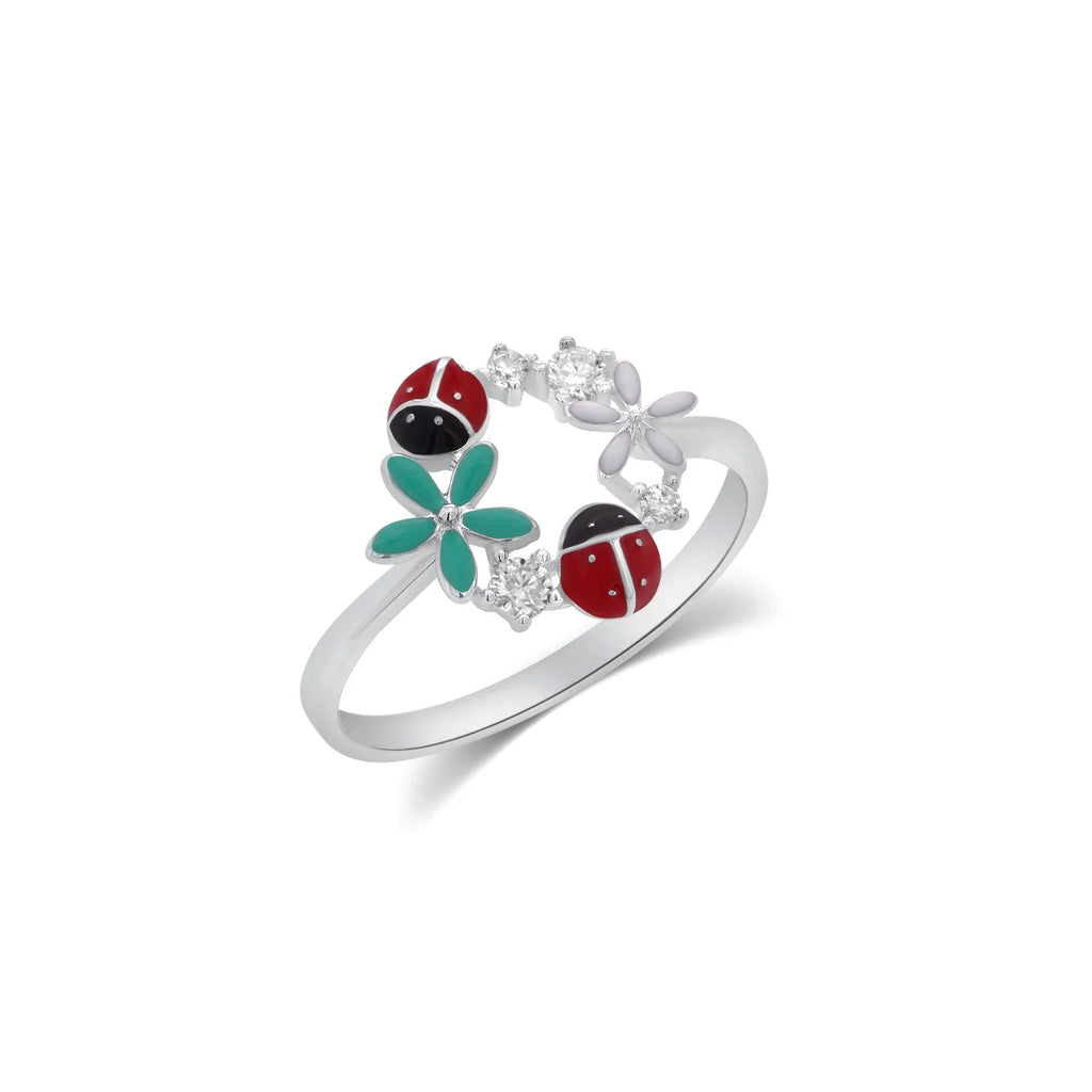 Rhodium 925 Silver Moissanite Enamel Lady Bug and Flower Ring