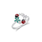 Rhodium 925 Silver Moissanite Enamel Lady Bug and Flower Ring