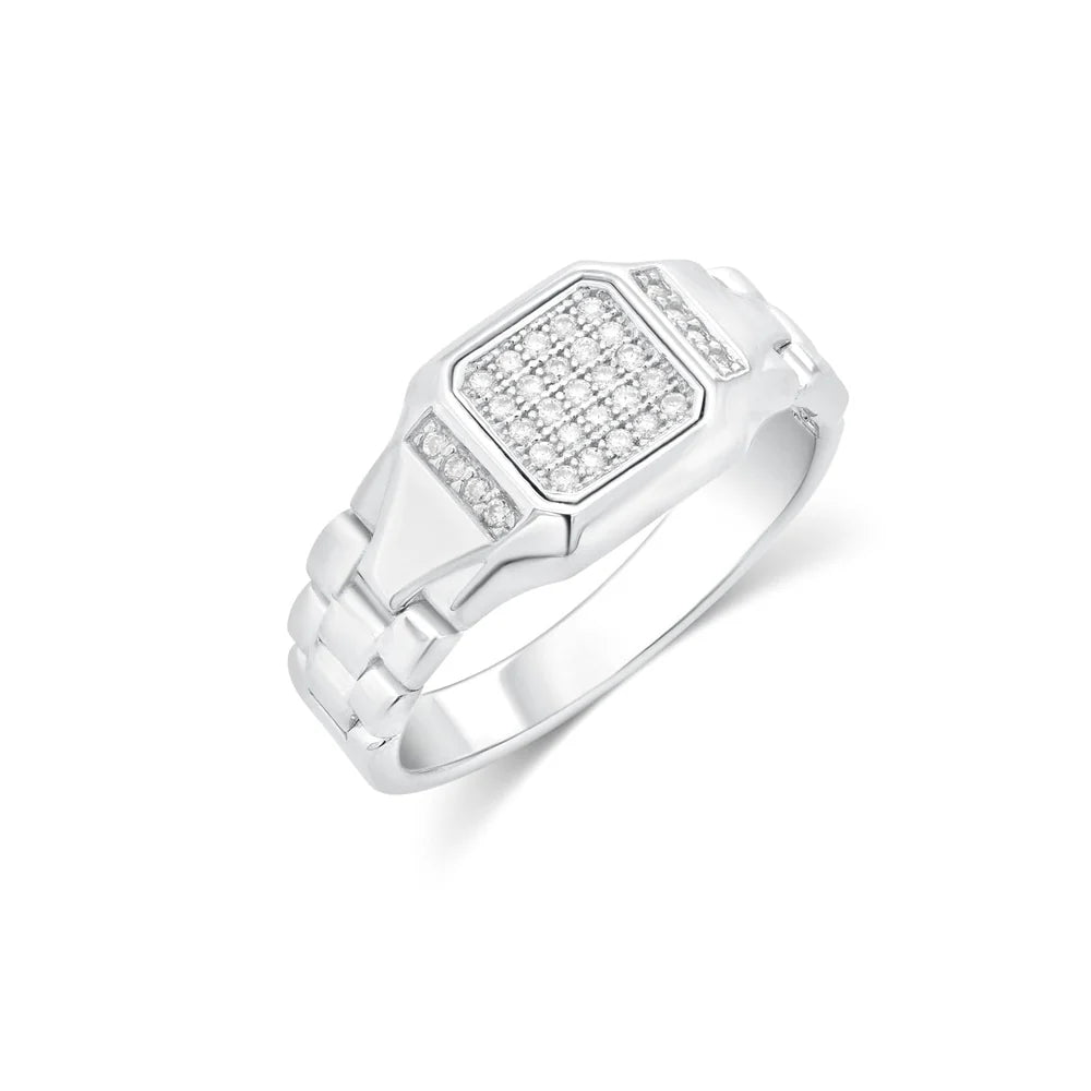 Rhodium 925 Silver Men's Moissanite Pave Bold Link Ring