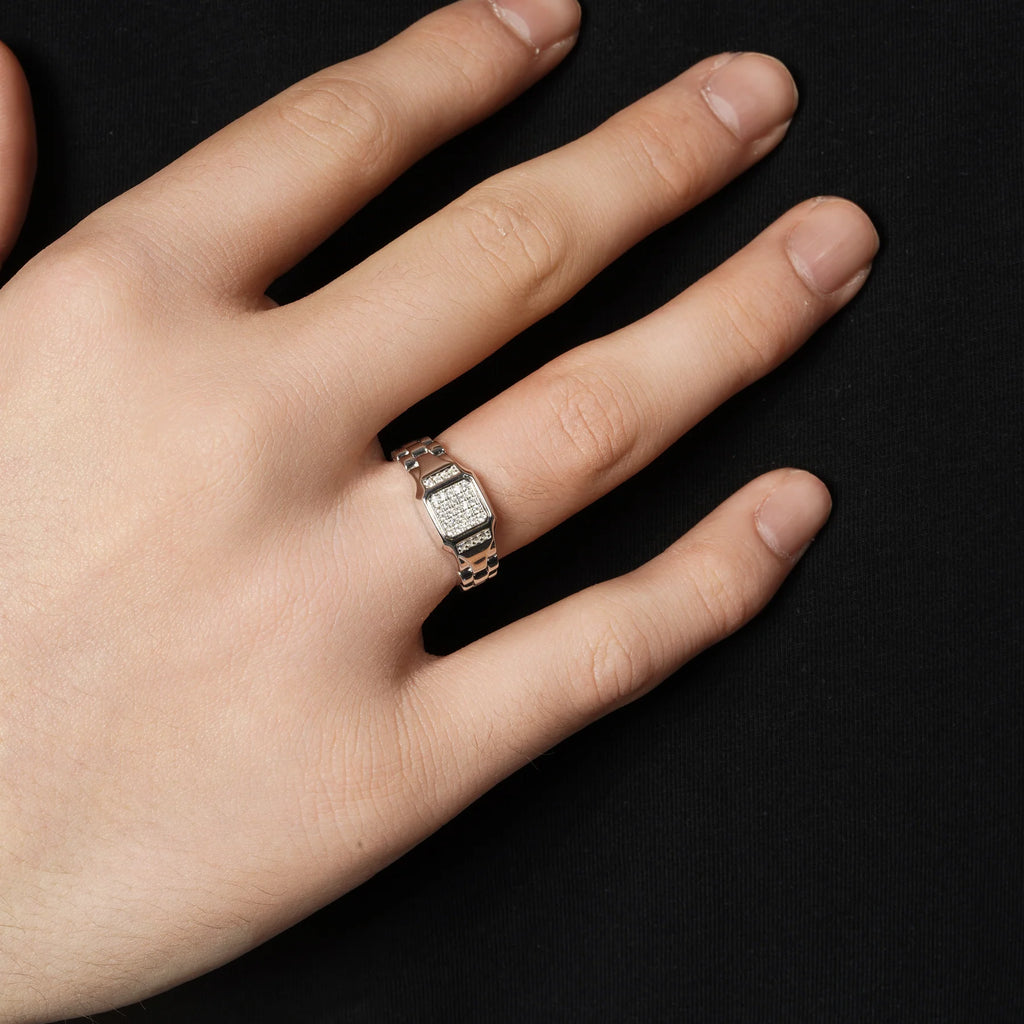 Rhodium 925 Silver Men's Moissanite Pave Bold Link Ring