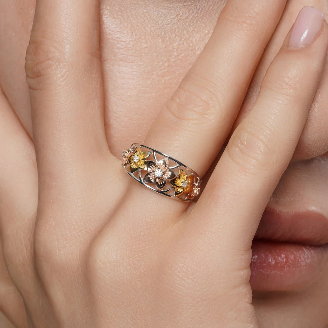 Tri-Tone Plated 925 Silver Moissanite Floral Ring