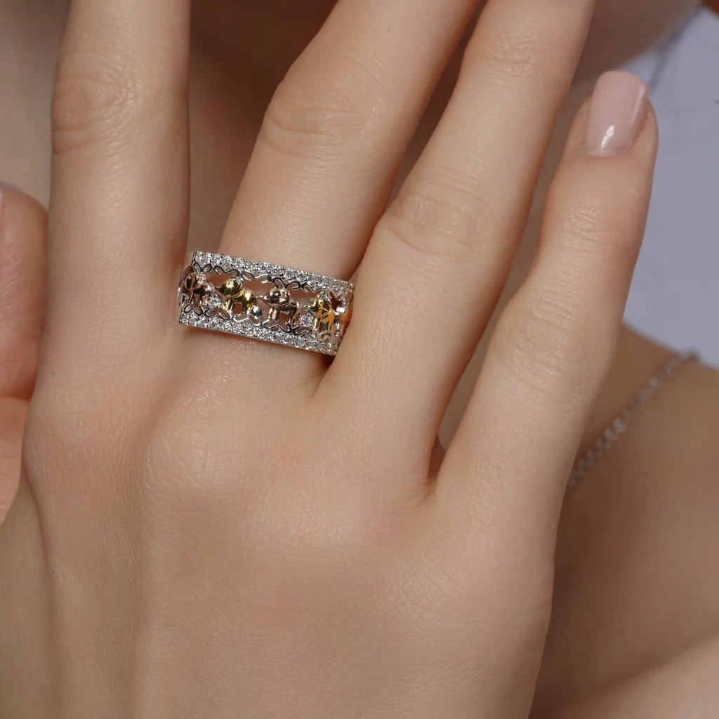 Tri-Tone Plated 925 Silver Moissanite Elephant Pavé Ring