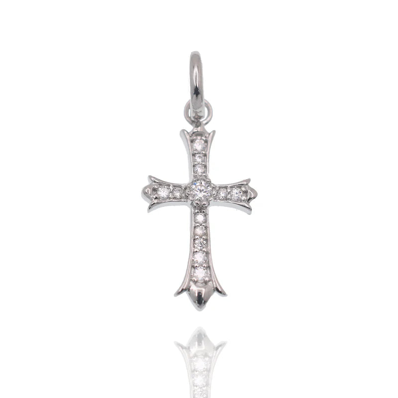 Rhodium 925 Silver Moissanite Encrusted Fleur-De-Lis Cross Pendant