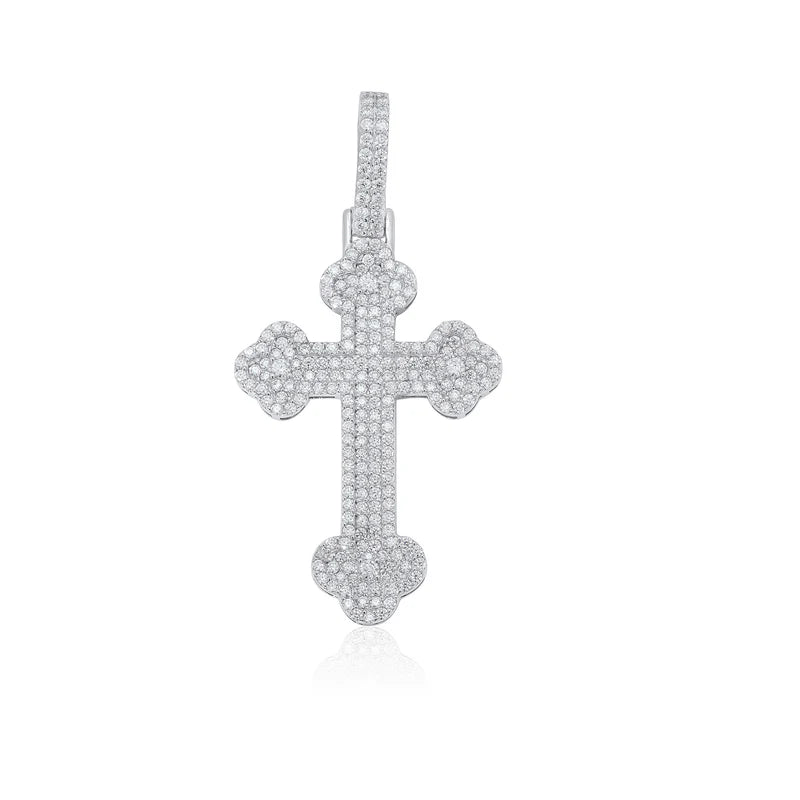 Rhodium 925 Silver Moissanite Fleur-De-Lis Cross Pendant