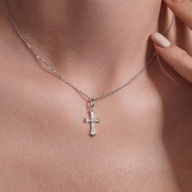 Rhodium 925 Silver Moissanite Encrusted Fleur-De-Lis Cross Pendant